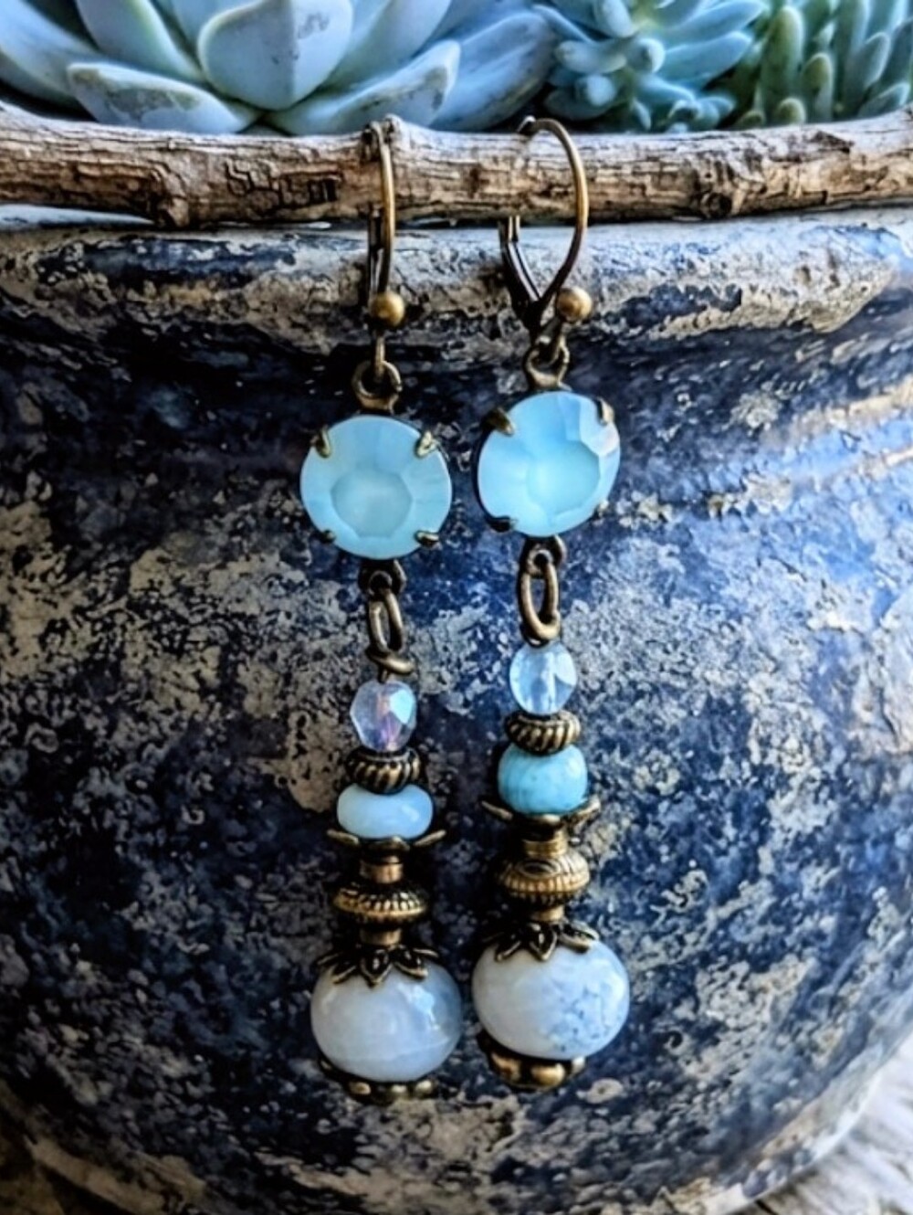 Victorian Rustic Sky Blue Crystals & Porcelain In Brass Earrings